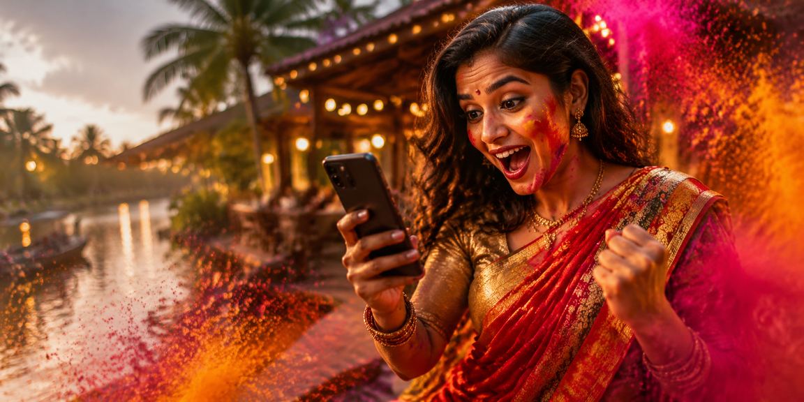 Indian woman using mobile casino app at home